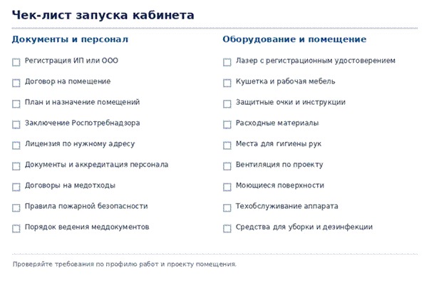 Чек-лист документов, оборудования и проверок для запуска кабинета лазерной эпиляции